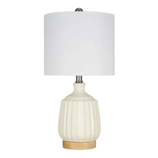 Amazon Brand – Stone & Beam Contemporary Ceramic Table Lamp With Real Wood Base, LED Bulb Included, 19.75"H, Cloud Dancer Ivory