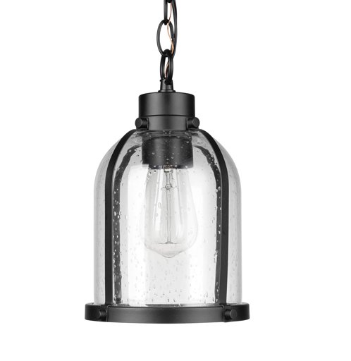 Amazon Brand – Stone & Beam Contemporary Outdoor Pendant Light with Clear Seeded Glass Shade, Vintage Edison Bulb Included, 6"H, Matte Black