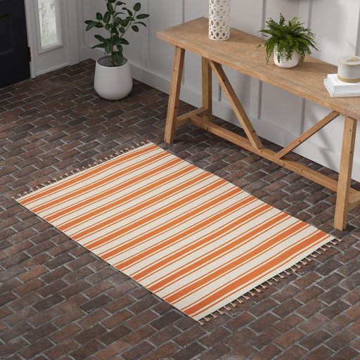 Amazon Brand – Stone & Beam Los Altos Striped Dhurrie Farmhouse Area Rug, 4' x 6' 6", Orange and Ivory