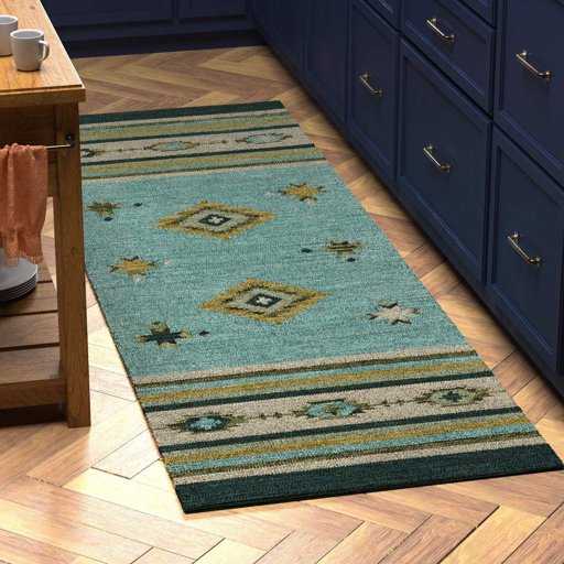 Amazon Brand – Stone & Beam Casual Geometric Kilim Cotton Runner Rug, 2' 6" x 8', Flatweave, Blue, Grey, Ivory
