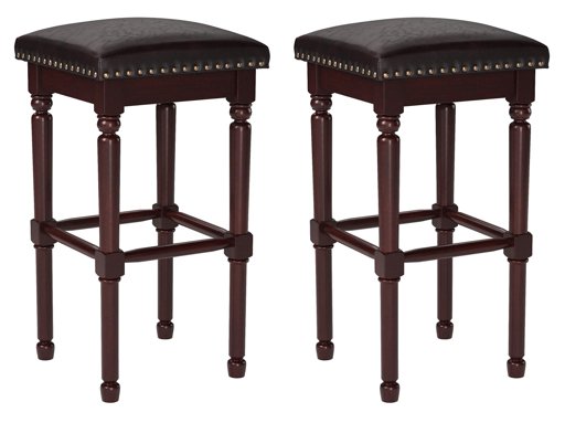 Amazon Brand – Ravenna Home Ferris Nailhead Detailed Wood Bar Stool, 29.3"H, Antique Walnut with Dark Brown Faux Leather (2 Pack)