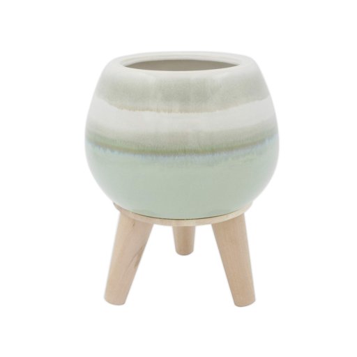 Amazon Brand – Rivet Mid-Century Stoneware Planter with Wood Stand, 8.27"H, Light Green Ombre
