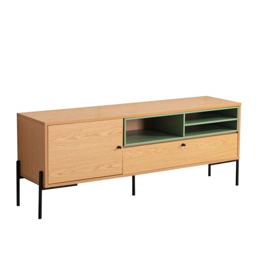 Marque Amazon - Movian Meuble TV à 1 porte et 1 tiroir, 155 x 40 x 60 cm, Finition effet chêne et vernis bleu pastel
