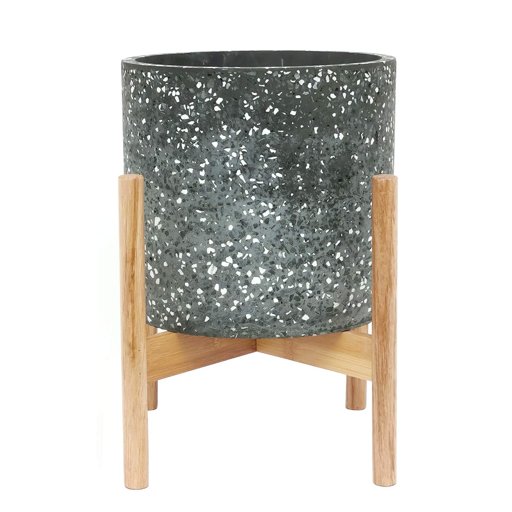 Amazon Brand – Rivet Terrazzo Planter with Wood Stand, 12.6"H, Black