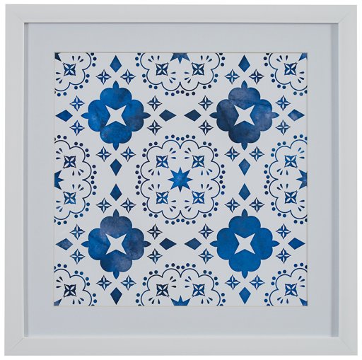 Amazon Brand – Stone & Beam Boho Blue and White Print Wall Art, White Frame, 14" x 14"