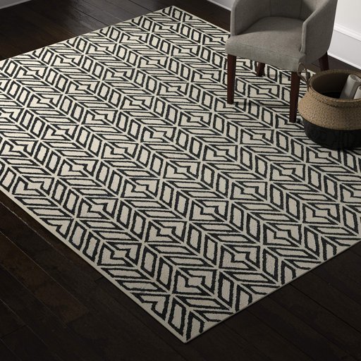 Amazon Brand – Rivet Contemporary Handtufted Cotton-and-Wool Area Rug with Geometric Feathered Pattern, 8' x 10', Black and Cream