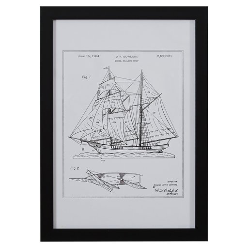 Amazon Brand – Stone & Beam Modern Metallic Ink Reprint of Sailing Ship Patent Wall Art, Black Frame, 15" x 21"