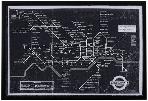 Amazon Brand – Rivet Black and White Blueprint Map of London Underground Wall Art, Black Frame, 26" x 18"