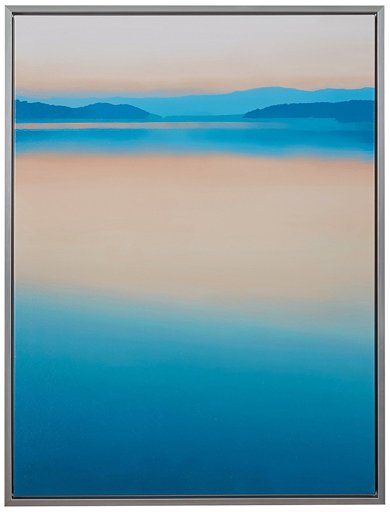 Amazon Brand – Rivet Calm Paradise Water Horizon at Dawn Canvas Wall Art, Silver Frame, 31.75" x 41.75"