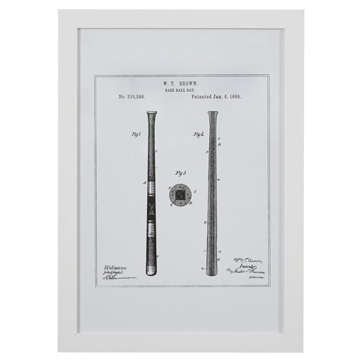 Amazon Brand – Stone & Beam Modern Gold Print of 1885 Baseball Bat Patent Wall Art, White Frame, 15" x 21"