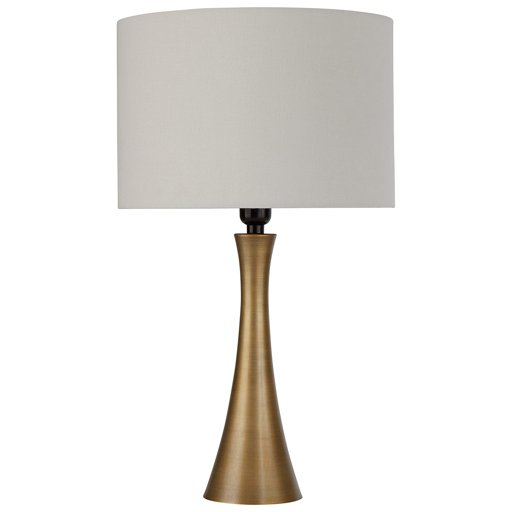 Amazon Brand – Rivet Mid-Century Modern Needle Sloped Table Desk Lamp with Light Bulb and White Drum Shade, 21"H, Brass