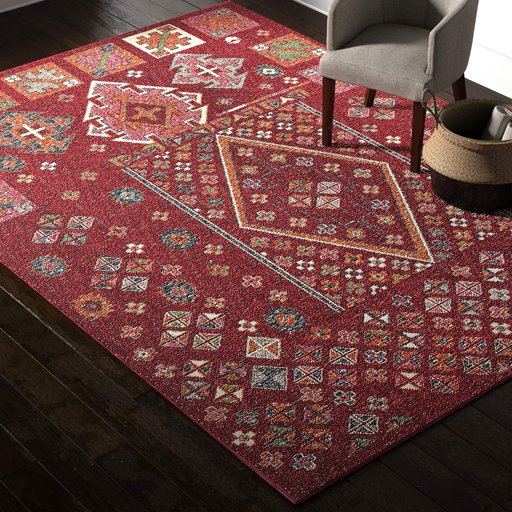 Rivet Red Mosaic Multi-Print Wool Rug, 7'10" x 11', Red