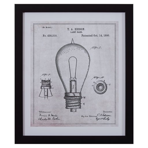 Amazon Brand – Rivet Black and White Vintage Print Wall Art of 1890 Bulb in Black Frame, 17" x 20"