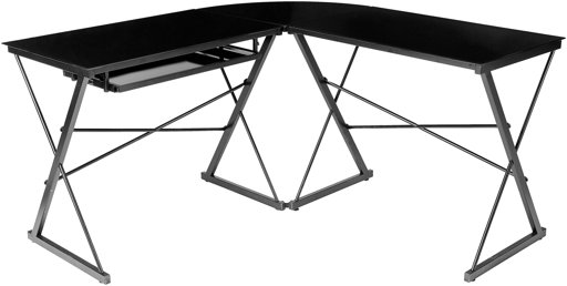 AmazonBasics Three Piece Corner Gaming Computer Desk - Black with Black Glass