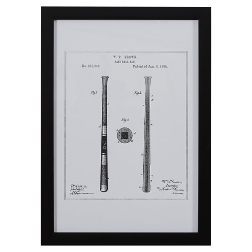 Amazon Brand – Stone & Beam Modern Gold Print of 1885 Baseball Bat Patent, Black Frame, 15" x 21"