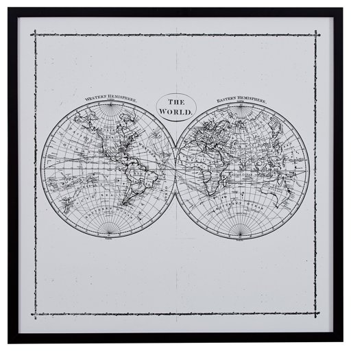 Amazon Brand – Rivet World Map Hemisphere Print in Black and White Vintage Wall Art, Black Frame, 30.5" x 30.5"