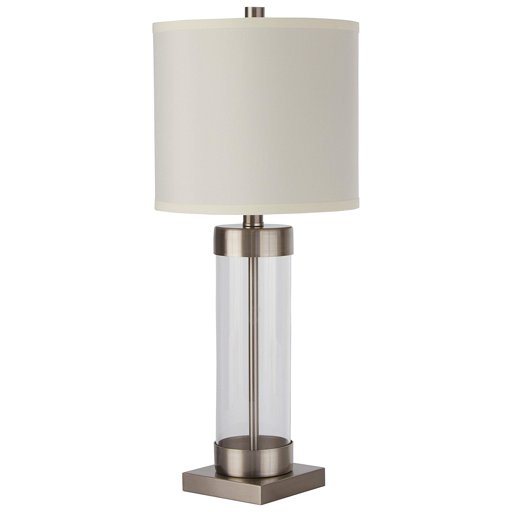 Amazon Brand – Stone & Beam Glass Column Living Room Table Desk Lamp With Light Bulb and Linen Shade, 23"H, Brushed Nickel