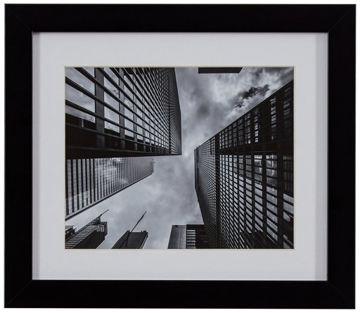 Amazon Brand – Rivet Ground View Black and White Photography Matted Skyscrapers Wall Art, Black Frame, 22" x 18"