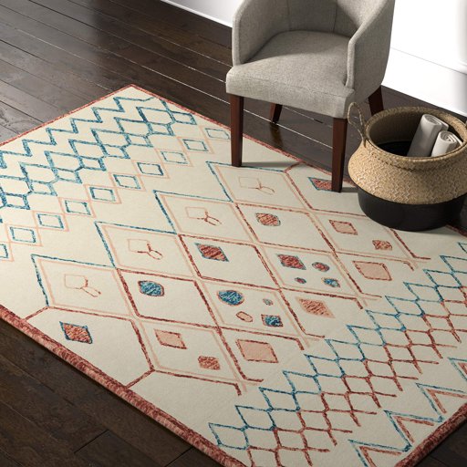Amazon Brand – Rivet Handtufted Diamond-Patterned Cotton and Wool Area Rug, 5' x 8', Cream with Orange and Blue