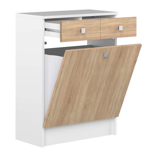 Marca Amazon - AmazonBasics - Armario con cesto para colada, 60 x 29.6 x 81,5 cm (largo x ancho x alto), roble y blanco