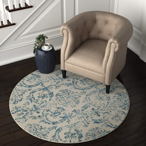 Ravenna Home Round Vintage Damask Patterned Rug, 5'3" Round, Blue on Ivory