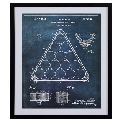 Amazon Brand – Stone & Beam Modern Dark Blue Print, Billiard Rack Patent Wall Art, in Black Frame, 28" x 34"