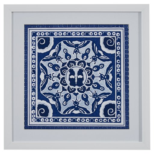 Amazon Brand – Stone & Beam Boho Blue and White Print Wall Art, White Frame, 22" x 22"