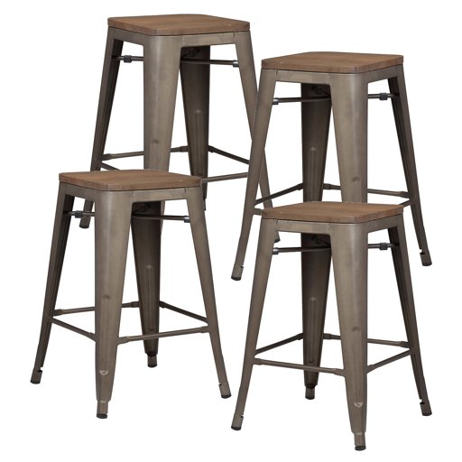 Wuxing Pioneer Square Alessio 24-Inch Counter-Height Metal Stool with Bronze Finish and Elmwood Seat, Set of 4