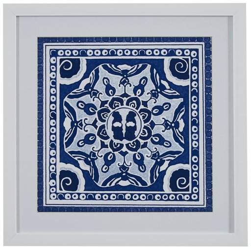 Amazon Brand – Stone & Beam Boho Blue and White Print Wall Art, White Frame, 14" x 14"