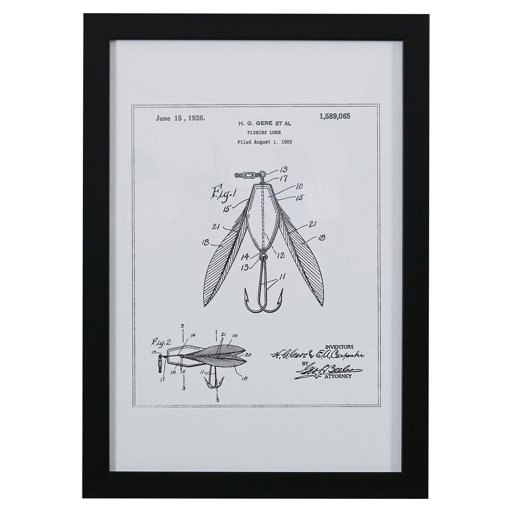 Amazon Brand – Stone & Beam Modern Silver Ink Reprint of Fishing Lure Patent Wall Art, Black Frame, 15" x 21"