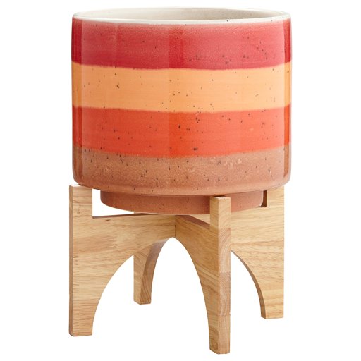 Amazon Brand – Rivet Mid-Century Modern Ceramic and Bamboo Planter Flower Pot with Stand,14.5"H, Red and Orange