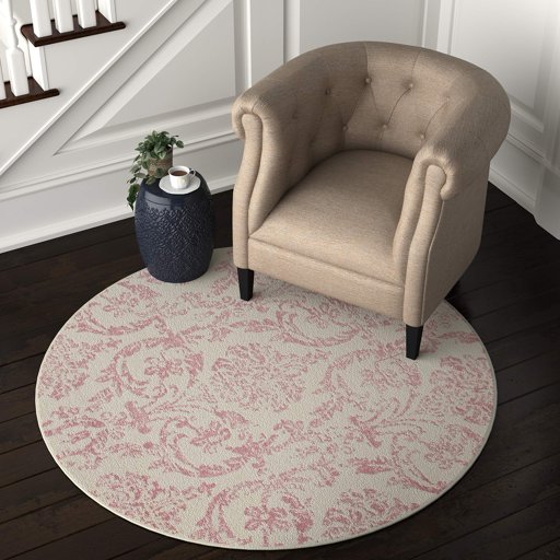 Ravenna Home Round Vintage Damask Patterned Rug, 5'3" Round, Pink on Ivory